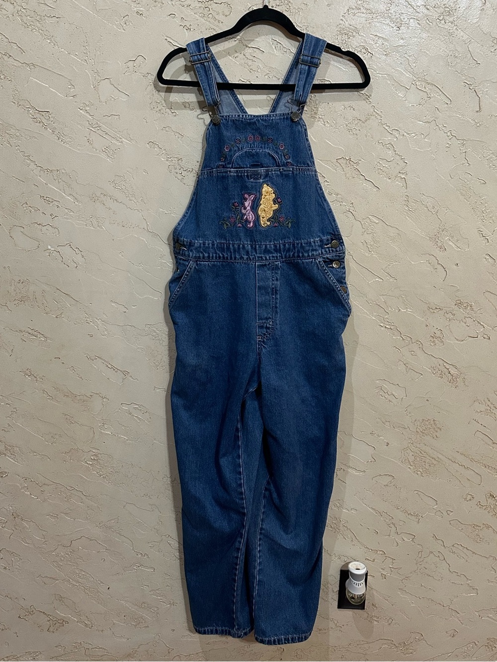 Vintage Winnie-The-Pooh & Piglet Adult Embroidered Floral Denim Overalls Size S